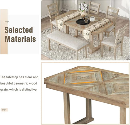 Ball & Cast 6 Piece Wood Dining Table Set with 4 Upholstered Chairs & 1 Bench,Kitchen Table and Chairs for 6 W/ 51.8" Rectangle Desk,for Restaurant,Home Bistro,Natural Wood Wash