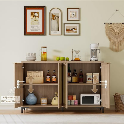 Sideboard - Buffet Cabinet with Storage, Rattan Storage with 4 Doors and Adjustable Shelves, Accent with Metal Feet, Sideboard Cabinet for Living Room (Natural)