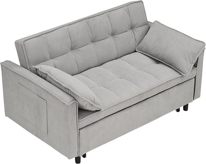 Ball & Cast Convertible Sofa Bed,Pull Out Loveseat Sleeper Sofa,Convertible Pull Out Couch W/2 Pillows,Adjustable Backrest & Side Pocket,Corduroy Futon Couches for Living Room,Apartment,Light Gray,54"