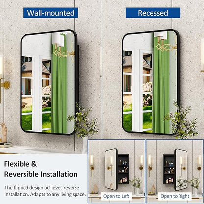 20x28 Inch Black Recessed Bathroom Medicine Cabinet with Mirror Metal Framed Farmhouse Surface Wall Mounted Mirrored Bathroom Medicine Cabinets