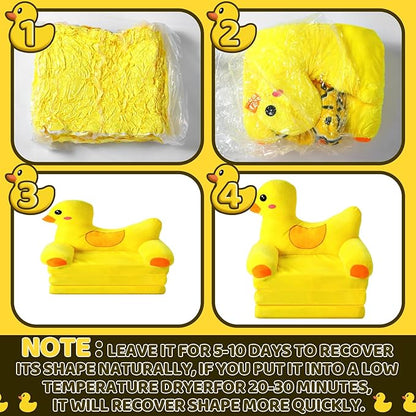 Duck Kids Couch Fold Out 2-in-1 Toddler Sofa Fold Out with Blanket, Soft Toddler Chair Comfy for Boys Girls Baby, Convertible Sofa to Lounger for Napping Reading Playing Christmas, Yellow