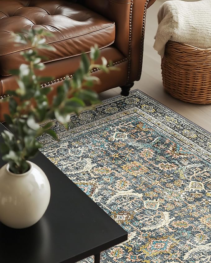 9X12 Area Rugs Machine Washable Rugs for Living Room, Vintage Boho Large Rugs for Bedroom Dining Room, Non Slip Indoor Soft Distressed Lightweight Thin Low Pile Carpet, Terracotta