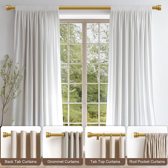 2 Pack Modern Gold Curtain Rods for Windows 66 to 120 Inches Adjustable Heavy Duty 1" Diameter Brass Window Curtain Rod with Solid Metal Finials for Outdoor Farmhouse Bedroom Kitchen Living Room
