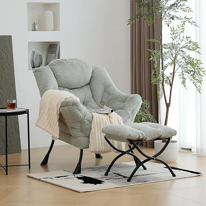 Lazy Chair with Ottoman, Modern Chair with Folding Footrest, Lounge Accent Chair, Comfortable Reading Chair (Plush Green)
