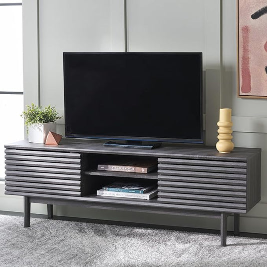 SAFAVIEH Aricia TV Stand for up to 65" Flatscreen – Distressed Black, 2 Sliding Doors with Interior Storage, 1 Open Shelf, Entertainment Media Console (MED9633E)