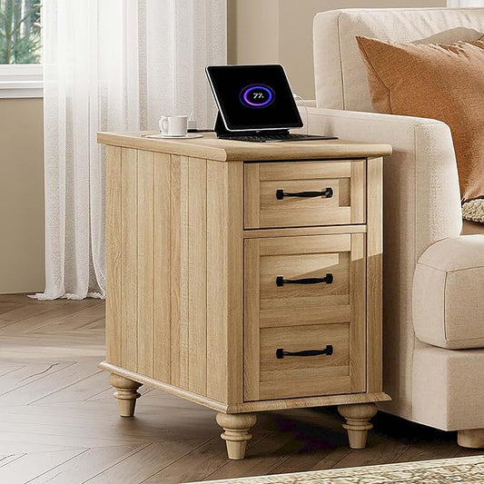 WAMPAT End Table with Charging Station, Wood Side Table with Drawer and Storage Cabinet, Modern End Table with Power outlets USB Ports for Living Room Bedroom, Oak