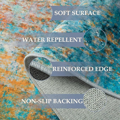 Washable Area Rugs 7'x9' Non-Slip Modern Abstract Soft for Living Room Entryway Bedroom Nursery, Print Pattern, Teal Blue Green Orange Rust Red Colorful