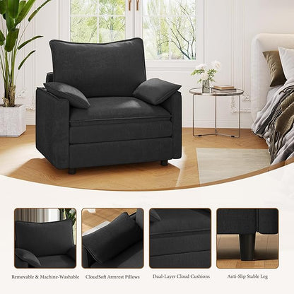 Vesgantti 40" Single Seat Sofa, Comfy Cloud Couch Deep Seat Upholstered Couch Chenille Modern Sofa with Armrest Pillow, Easy Assembly for Living Room, Bedroom and Apartment, Black