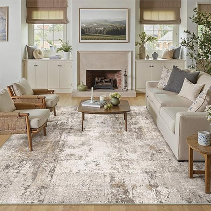 10x12 Washable Area Rug Brown Grey Abstract Neutral Living Room Bedroom Large Throw Rug Non Slip Soft Distressed Low Pile Indoor Floor Carpet for Kitchen Office Entryway