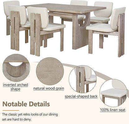 Ball & Cast 7-Piece Dining Table Set for 6 People, 59" Wood Dining Kitchen Table & Chairs Set, Dining Room Table with Trestle Base and 6 Upholstered Chairs, Perfect for Dining Room,Natural Wood Wash