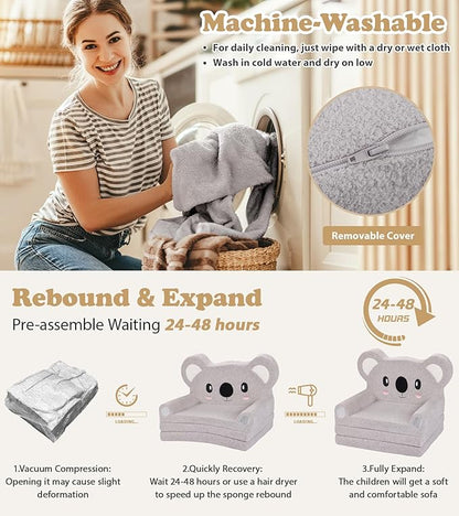Kids Couch, 2-in-1 Soft Toddler Couch Fold Out with Blanket, Chair Comfy, Foldable Convertible Plush Sofa to Lounger, Gifts for Kids Girl Boys, Koala