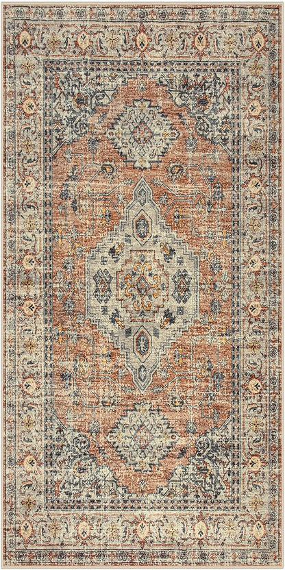 Lahome Oriental Small Area Rug, 2x4 Soft Washable Rugs for Entryway Kitchen, Non-Slip Ultra-Thin Indoor Door Mat Distressed Vintage Small Carpet for Bathroom Bedroom, Peach/Orange