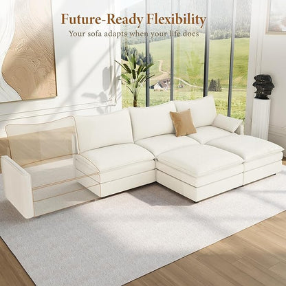 Vesgantti 108" U Shaped Sectional Couch, Comfy Cloud Modular Sectional Sofa with 2 Ottoman Deep Seat Chenille Modern Cloud Sofa, Modular Sofas for Living Room, Bedroom and Apartment, Snow White