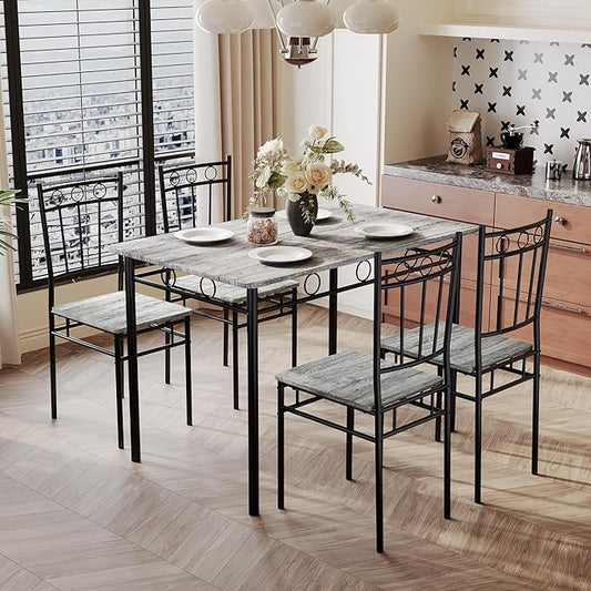 5 Piece Dining Table Set, Modern Metal&Wood Kitchen Dinner Table with 4 Chairs, Dining Room Table Sets for Small Spaces, Gray