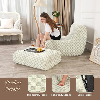 Accent Bean Bag Chair with Footstool, Modern Lazy Sofa Chair with Comfy Jacquard Shaggy Plush, Green