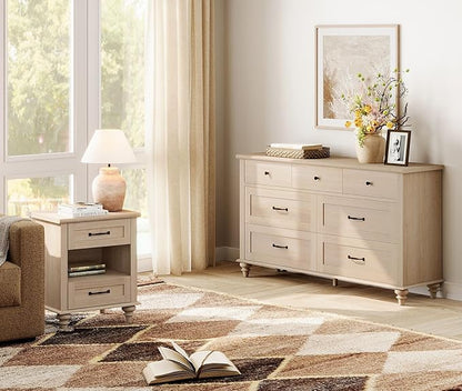 WAMPAT Set of 2 End Tables with Charging Station, 2 Drawer Nightstand for Bedroom with Storage Shelf, 2 Pack Wooden End Tables Bedside Table for Living Room, Beige