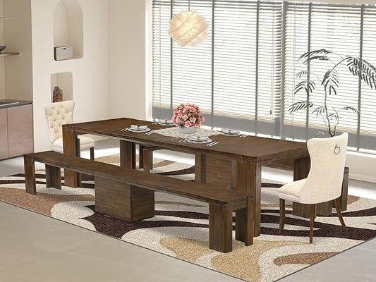 X02DA-208-32 5-Pc Mid Century Dining Table Set contains an Extendable Rectangle Kitchen Table, 2 Polyester Dining Chairs and 2 Modern Benches, 39x120 Inch, Antique Walnut