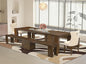 X02DA-208-32 5-Pc Mid Century Dining Table Set contains an Extendable Rectangle Kitchen Table, 2 Polyester Dining Chairs and 2 Modern Benches, 39x120 Inch, Antique Walnut