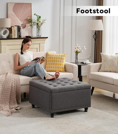 Tbfit Large Square Storage Ottoman Bench, Tufted Upholstered Coffee Table with Storage, Oversized Storage Ottomans Toy Box Footrest for Living Room, Dark Grey