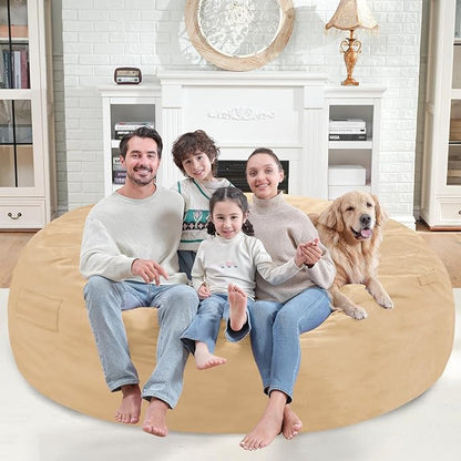 7FT Bean Bag Chair, Large Bean Bag Chairs with Memory Foam Filled, Fluffy Beanbag Sofa with Dutch Velvet Cover, Round BeanBag Chairs for Living Room, Playroom - Khaki