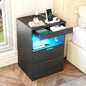 Gadroad LED Nightstand with Charging Station, Bedside Table with 3 Drawers and LED Lights, End Table Sofa Couch Side Table with Pull-Out Shelf, Black
