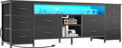 Huuger 62 Inch LED TV Stand Dresser with Power Outlets, USB-C Port and LED Lights, 10 Fabric Drawer Dresser for Bedroom, Long Entertainment Center for 65, 70 Inch TV, Open Shelves, PU Leather, Black