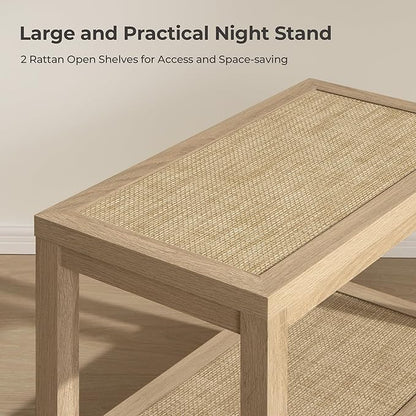 SICOTAS Rattan Nightstand Bedside Table - Farmhouse Boho Narrow Accent End Table with 2 Open Rattan Shelves for Bedroom, Living Room, Small Spaces - Light Oak