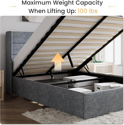 SHA CERLIN Full Size Lift Up Storage Bed/Modern Wingback Headboard/Upholstered Platform Bed Frame/Hydraulic Storage/No Box Spring Needed/Wood Slats Support/Grey Blue