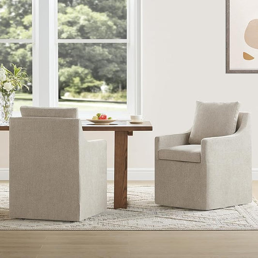 Upholstered Dining Chairs with Casters Easy Assembly Side Deskchair with Rollers for Diningroom, Living Room, Khaki, 2 Box