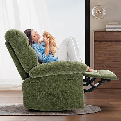 Rocking Recliner Chair,360° Swivel Rocker Chair for Living Room,Upholstered Fabric Glider Nursery Chair with Side Pockets for Small Spaces,Q235 Steel Frame Lazy Boy Recliner Single Sofa(Green)