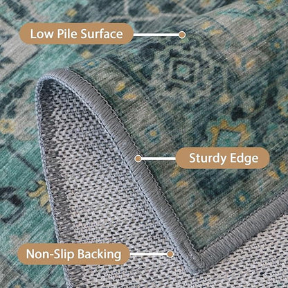 GENIMO 3x5 Area Rugs for Living Room, Machine Washable Non Slip Vintage Rugs, Low Pile Lightweight Chenille Print Rug for Bedroom, Dining Room, Home Office, Dark Green