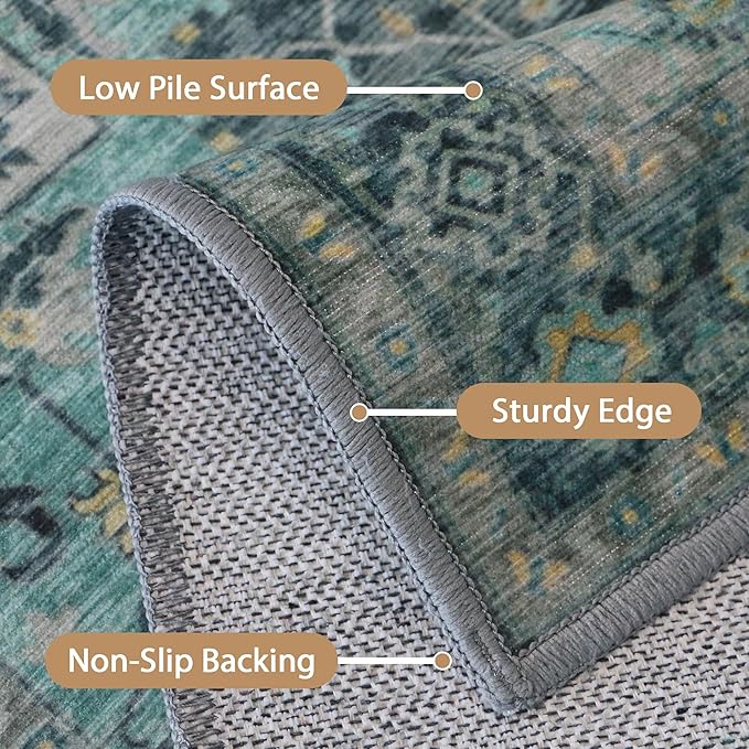 GENIMO 10x14 Area Rugs for Living Room, Machine Washable Non Slip Vintage Rugs, Low Pile Lightweight Chenille Print Rug for Bedroom, Dining Room, Home Office, Dark Green