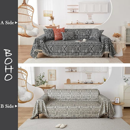 HANDONTIME Black White Boho Sofa Cover Boho Geometric Couch Covers Tassel Farmhouse Dog Sofa Covers for Slipcover Aesthetic Couch Cushion Cover Couch Protector for Dogs Living Room Décor, 71" X150"