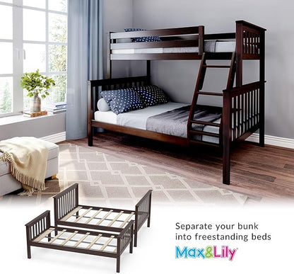 Max & Lily Bunk Bed Twin Over Full Size with Ladder, Solid Wood Platform Bed Frame with Ladder for Kids, 14" Safety Guardrails, Easy Assembly, No Box Spring Needed, Espresso