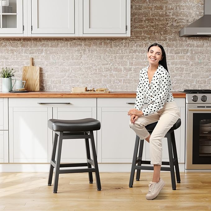 Counter Height Bar Stools Set of 3, 24 Inch Barstools for Kitchen Counter, Kitchen Stools with Bonded Leather Saddle Seats & Heavy Duty Metal Legs, Easy Assembly, Brown/Black