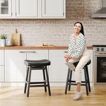 Counter Height Bar Stools Set of 3, 24 Inch Barstools for Kitchen Counter, Kitchen Stools with Bonded Leather Saddle Seats & Heavy Duty Metal Legs, Easy Assembly, Brown/Black