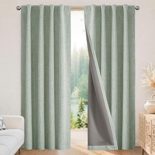 Joydeco 100% Blackout Curtains for Bedroom - Natural Linen Curtains 70" W x 108" L Long, Thermal Insulated 1 Panels Sage Green Light Blocking Drapes, Rod Pocket & Back Tabs for Living Room