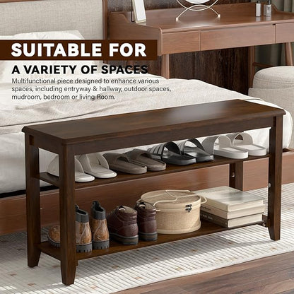 Shoe Bench Storage Rubberwood, Entryway Bench with 3-Tiers Height Adjustable, Shoe Rack Front Door Entrance Organizer for Hallway Living Room, Mudrooms, Walnut,31.5"