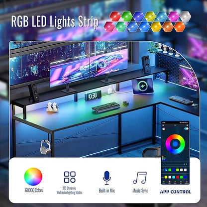 Pamray 64 Inch L Shaped Gaming Desk with Power Outlets and Led Lights, Large Corner Computer Desk with Monitor Stand and Pegboard, PC Table for Home Office and Bedroom Black