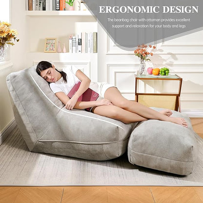 Bean Bag Chair with Ottoman, Comfy Bean Bag Sofa with Memory Foam, Lazy BeanBag Sofa with Footstool, Fireside Bean Bag Couch for Living Room, Bedroom, Apartment (Gray)
