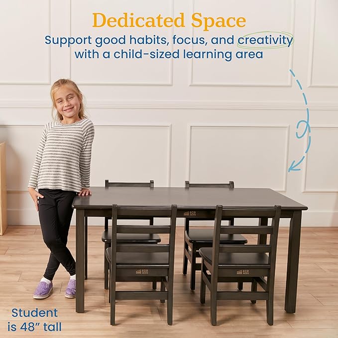 ECR4Kids 24in x 48in Rectangular Hardwood Table and Chair Set, 12in Seat Height, Kids Furniture, Grey Wash