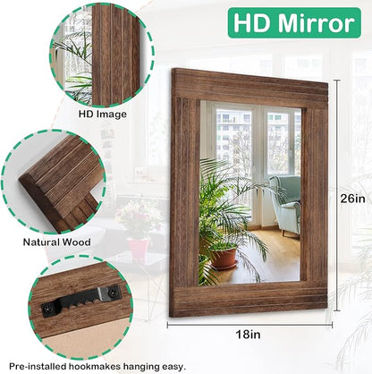Rustic Mirror Wooden Rectangular Antique Wall Mirror Frame Decor Farmhouse Bedroom Dresser Bedroom Entryway Mirror Large Brown 26"x18"