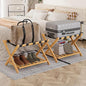 Fully Assembled Luggage Racks Pack of 2, Folding Suitcase Stand with Storage Shelf, Bamboo Luggage Stand with 5 Nylon Straps for Guest Room, Bedroom, Heavy Duty, Natural