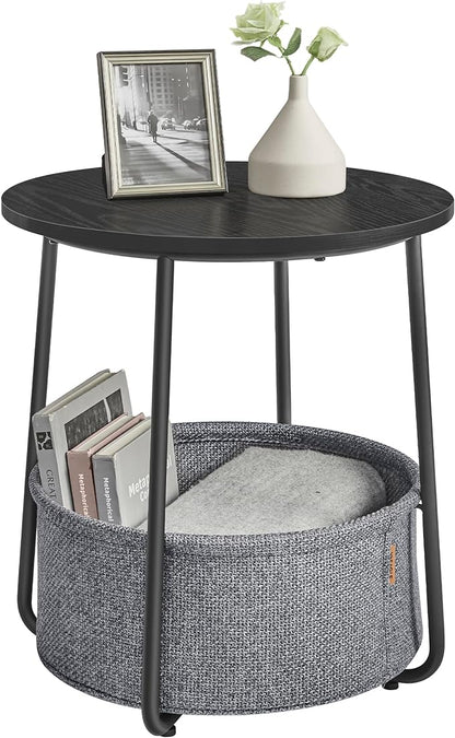 VASAGLE Small Round Side End Table, Modern Nightstand with Fabric Basket, Ebony Black and Slate Gray ULET223B01