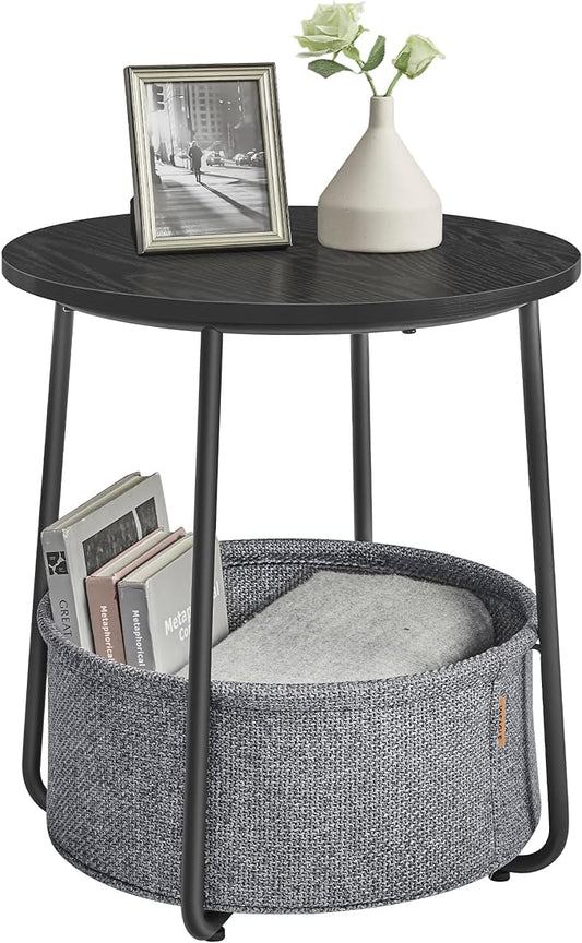 VASAGLE Small Round Side End Table, Modern Nightstand with Fabric Basket, Ebony Black and Slate Gray ULET223B01