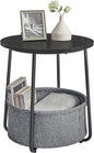 VASAGLE Small Round Side End Table, Modern Nightstand with Fabric Basket, Ebony Black and Slate Gray ULET223B01