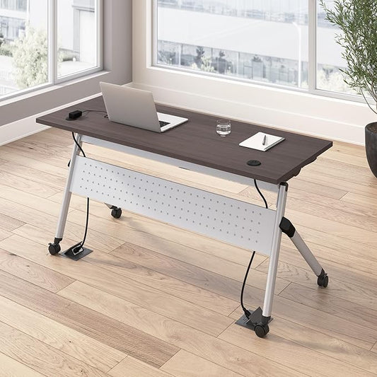 Bush Business Furniture Folding Training Table, 60 inch Desk with Powered Grommets, Commercial-Grade Bundle for Office or Classroom, Envision Collection, Gray