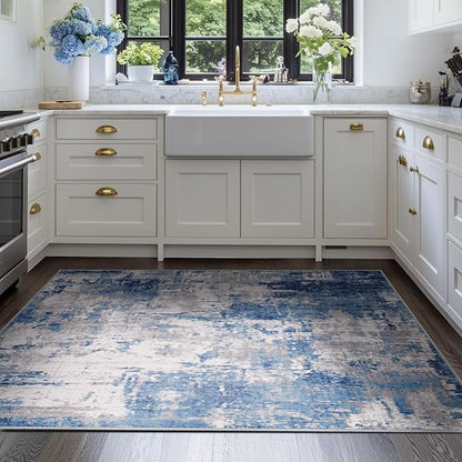 Washable Area Rugs 4'x6' Non-Slip Modern Abstract Soft for Living Room Entryway Bedroom Nursery, Print Pattern, Blue Grey Navy Gray