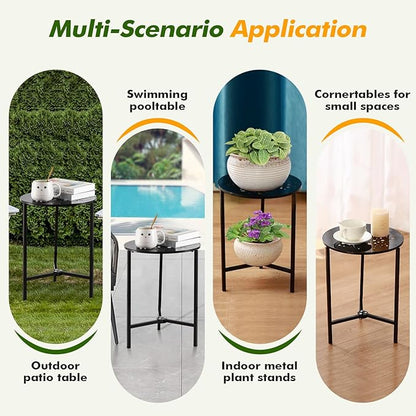 1 Pack 13" Metal Outdoor Side Tables Small Black Outside End Table for Patio Round Accent Corner Stand for Small Spaces Weather-Resistant Coffee Table for Balcony Porch Plant Stand, Starlight Pattern