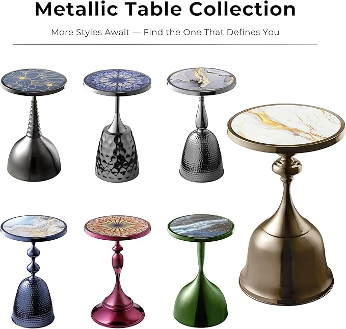 HOMES: Inside + Out Halric Modern 24" Tall Round End Table with Decorated Tabletop and Iron Metal Base, Accent Furniture, Elegant Pedestal Stand for Living Room, Home Office, Chrome Blue